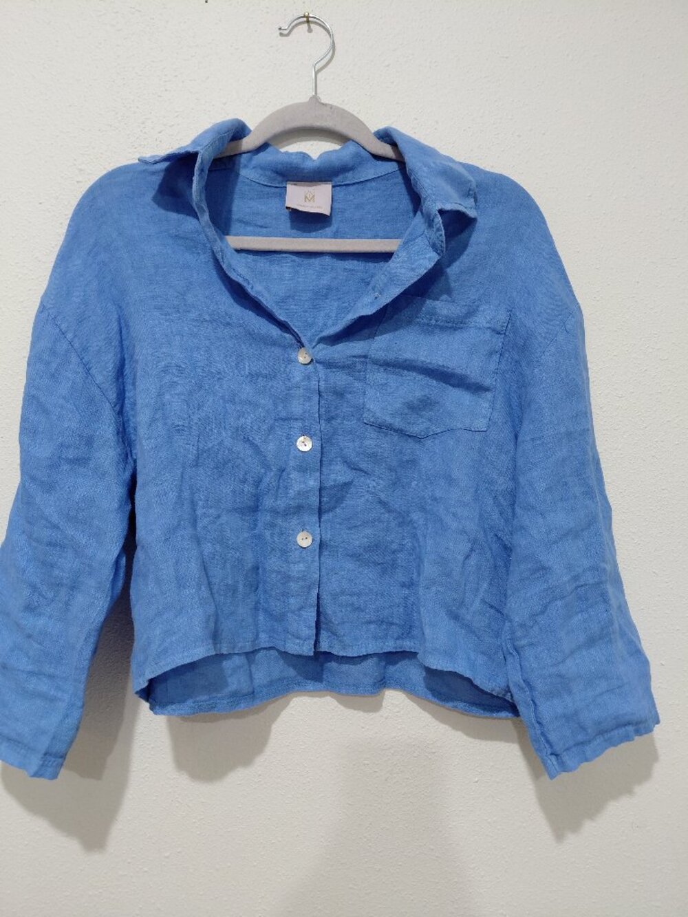 Million Milano Blue Linen Button Up Blouse Minimalist Sustainable